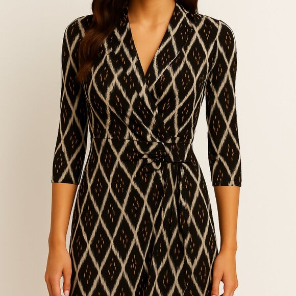 NWT Karen Kane Dress Size M Boho Chic Solar Ikat Faux Wrap Gold Sun Brown Black - Picture 1 of 16